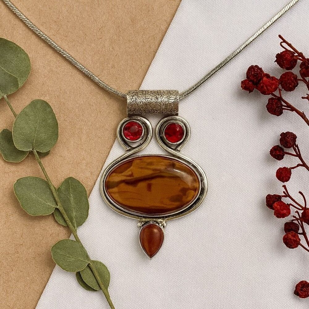 Earthfire Elegance – Iron Tiger’s Eye & Carnelian Pendant Necklace Silver New
